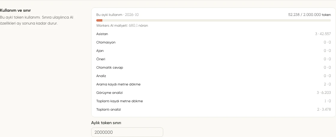 Bu ayki token kullanımı, Asistan, Otomasyon ve Ajan satırları ile aylık token sınırı