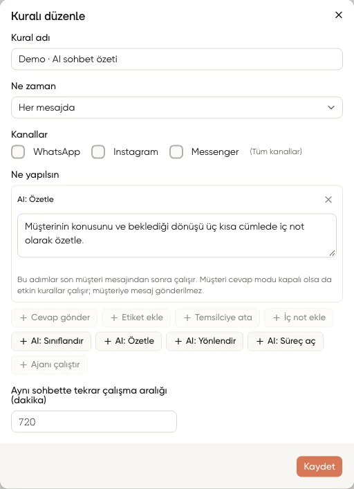AI ile kısa bir beklemeden sonra çalışan Özetle adımı, talimatı ve müşteriye mesaj gönderilmeyeceği açıklaması