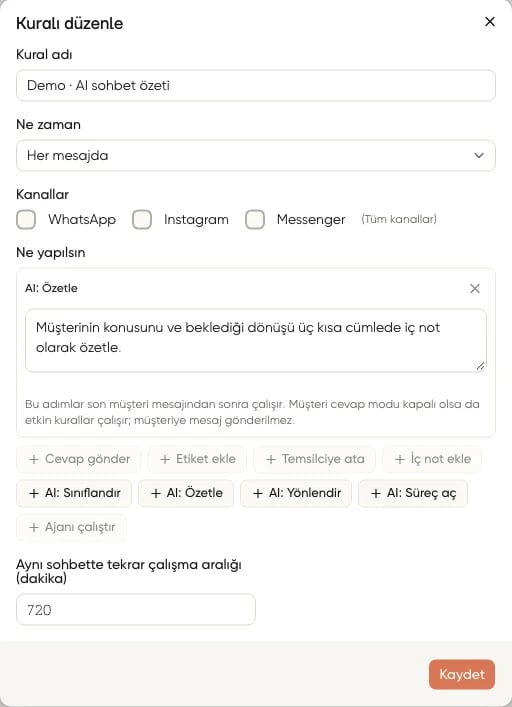 AI ile kısa bir beklemeden sonra çalışan Özetle adımı, talimatı ve müşteriye mesaj gönderilmeyeceği açıklaması