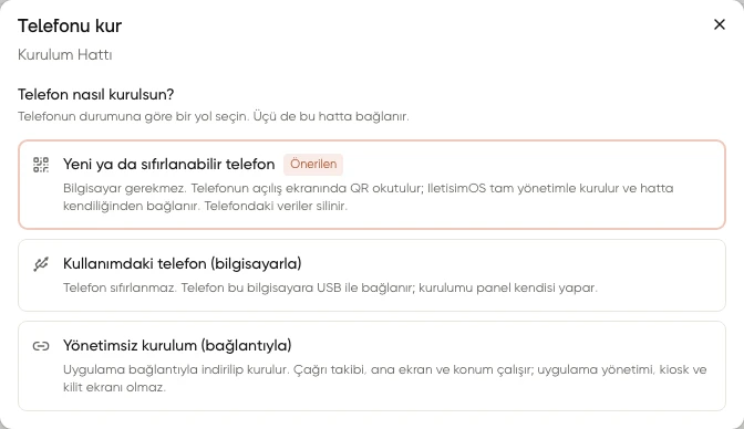 Telefonu kur penceresinde QR, bilgisayar ve yönetimsiz bağlantıyla kurulum seçenekleri