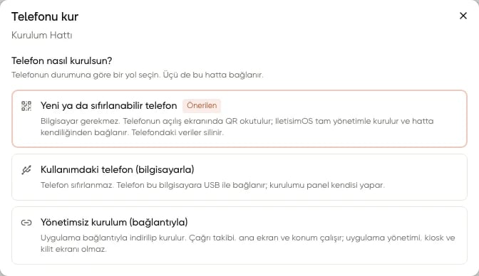 Telefonu kur penceresinde QR, bilgisayar ve yönetimsiz bağlantıyla kurulum seçenekleri