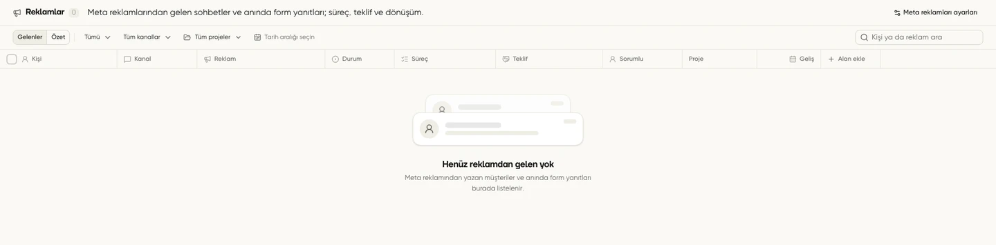Reklamlar ekranında Gelenler sekmesi ve reklamdan gelen müşterileri süzme seçenekleri