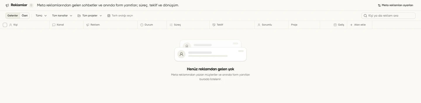 Reklamlar ekranında Gelenler sekmesi ve reklamdan gelen müşterileri süzme seçenekleri