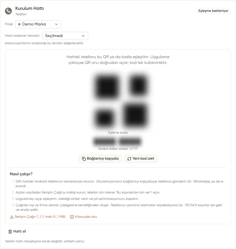 Kurulum Hattı kartında gizlenmiş QR ve eşleme kodu, Bağlantıyı kopyala düğmesi ve Nasıl çalışır adımlarının tamamı