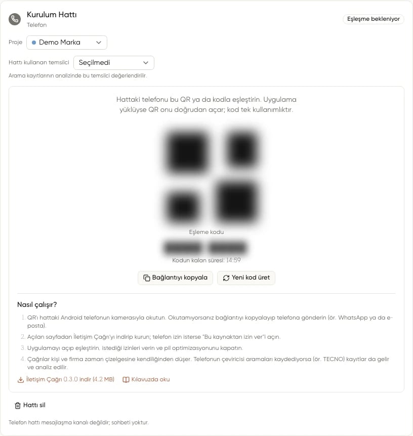 Kurulum Hattı kartında gizlenmiş QR ve eşleme kodu, Bağlantıyı kopyala düğmesi ve Nasıl çalışır adımlarının tamamı