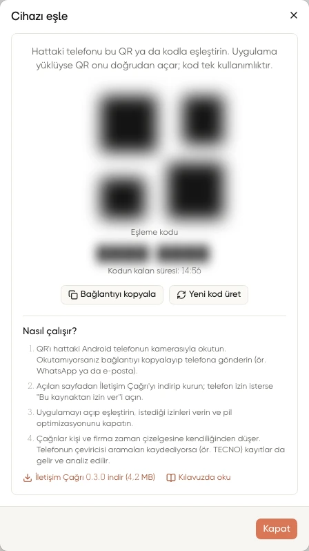 Cihazı eşle penceresinde gizlenmiş QR ve eşleme kodu, kurulum adımları, İletişim Çağrı indirme ve Kılavuzda oku bağlantıları
