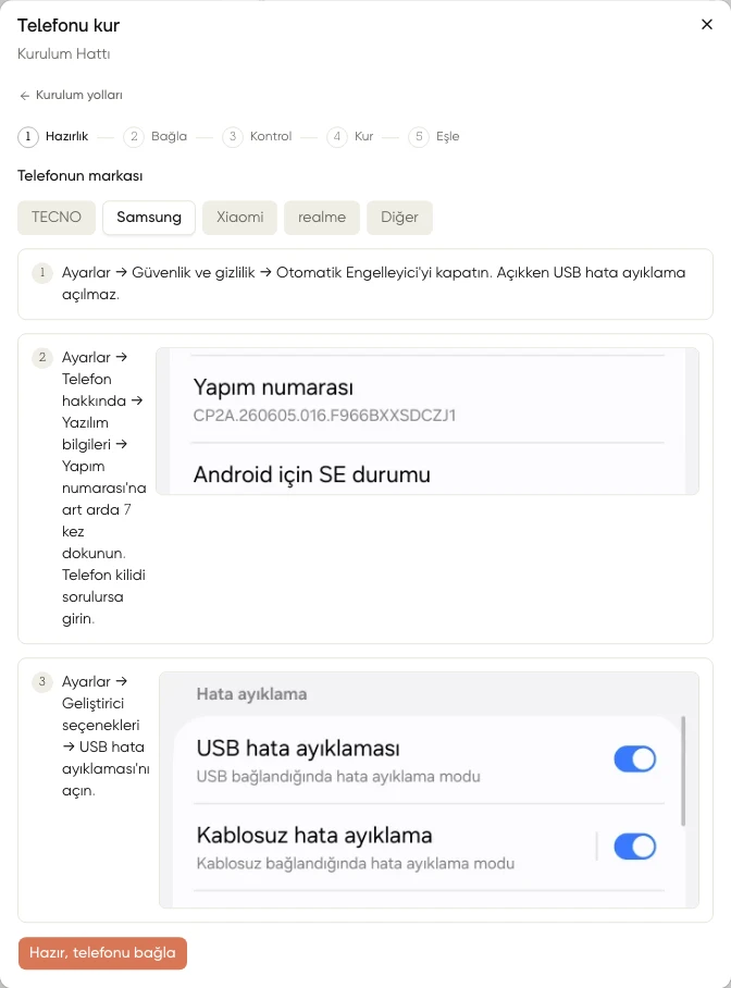 Bilgisayarla kurulumun Hazırlık adımında Samsung için Otomatik Engelleyici, geliştirici seçenekleri ve USB hata ayıklama rehberi
