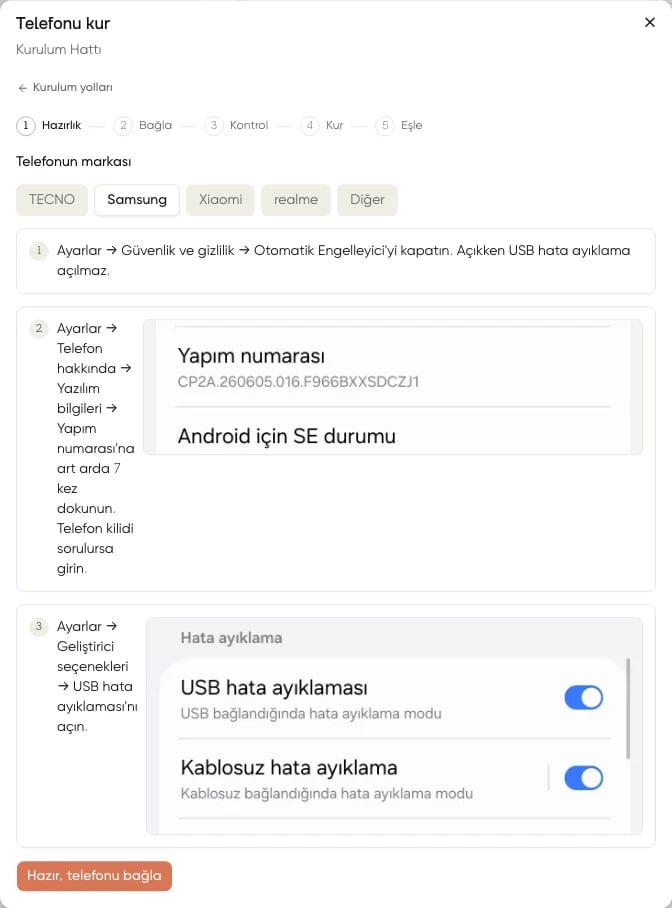 Bilgisayarla kurulumun Hazırlık adımında Samsung için Otomatik Engelleyici, geliştirici seçenekleri ve USB hata ayıklama rehberi