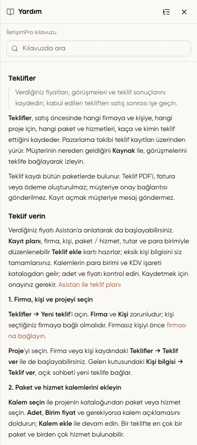 Teklifler kılavuzunun sağ Yardım panelinde arama ve adımlarla açılması