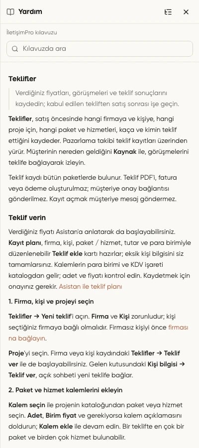 Teklifler kılavuzunun sağ Yardım panelinde arama ve adımlarla açılması