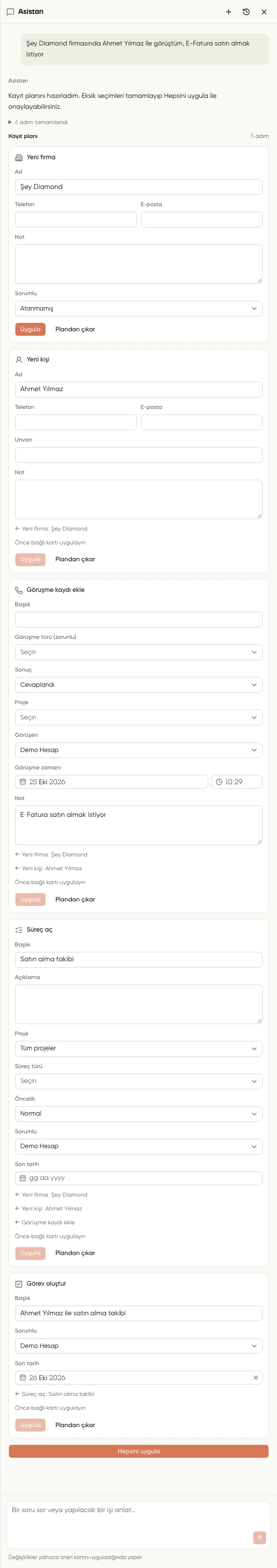 Kayıt planında birbirine bağlı firma, kişi, görüşme, süreç ve takip görevi önerileri; kayıtlar henüz uygulanmamış