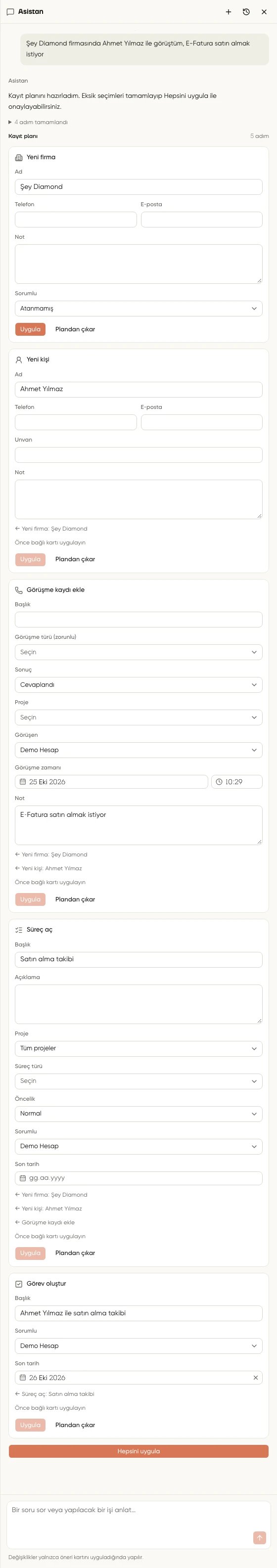 Kayıt planında birbirine bağlı firma, kişi, görüşme, süreç ve takip görevi önerileri; kayıtlar henüz uygulanmamış
