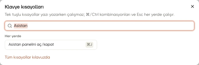 Klavye kısayollarında Asistan araması, ⌘J ve Tüm kısayollar kılavuzda bağlantısı