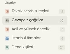 Listeler bölümünde kayıt sayısı rozetleri ve seçili Cevapsız çağrılar listesi