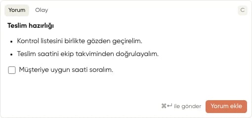 Süreç yorum düzenleyicisinde kalın başlık metni, madde listesi ve yapılacak içeren gönderilmemiş taslak