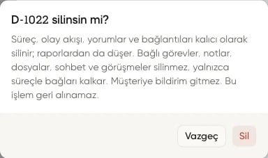 Süreç silme onayında korunacak bağlı kayıtlar, geri alınamaz uyarısı, Vazgeç ve Sil düğmeleri