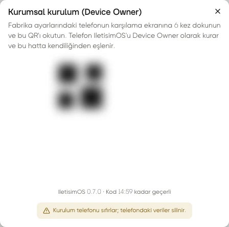 Kurumsal kurulum penceresinde gizlenmiş Device Owner QR kodu ve kurulum adımları