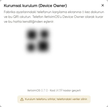 Kurumsal kurulum penceresinde gizlenmiş Device Owner QR kodu ve kurulum adımları