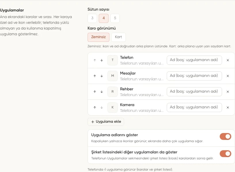Uygulamalar bölümünde karo sırası, özel ad, sütun sayısı, Zeminsiz ve Kart seçenekleri