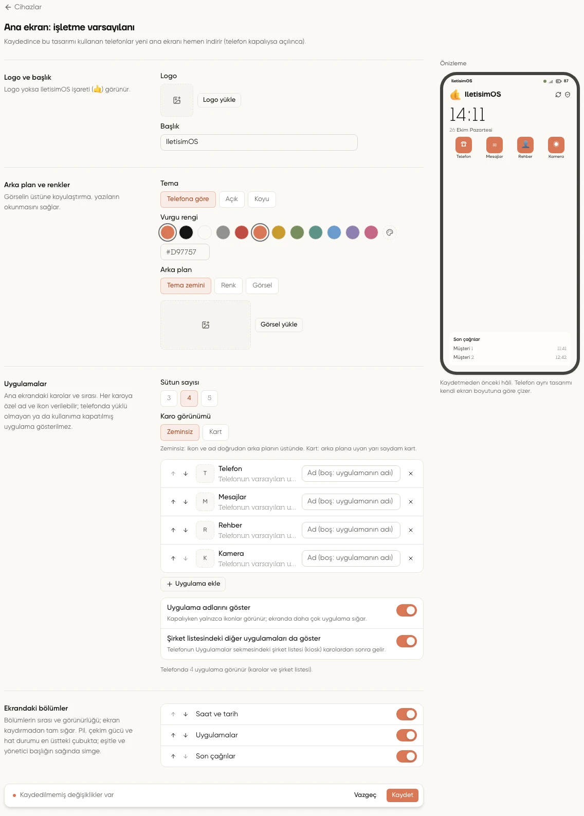 Ana ekran tasarımı düzenleyicisinde logo, renk, karo ve bölüm ayarları ile sağdaki telefon önizlemesi