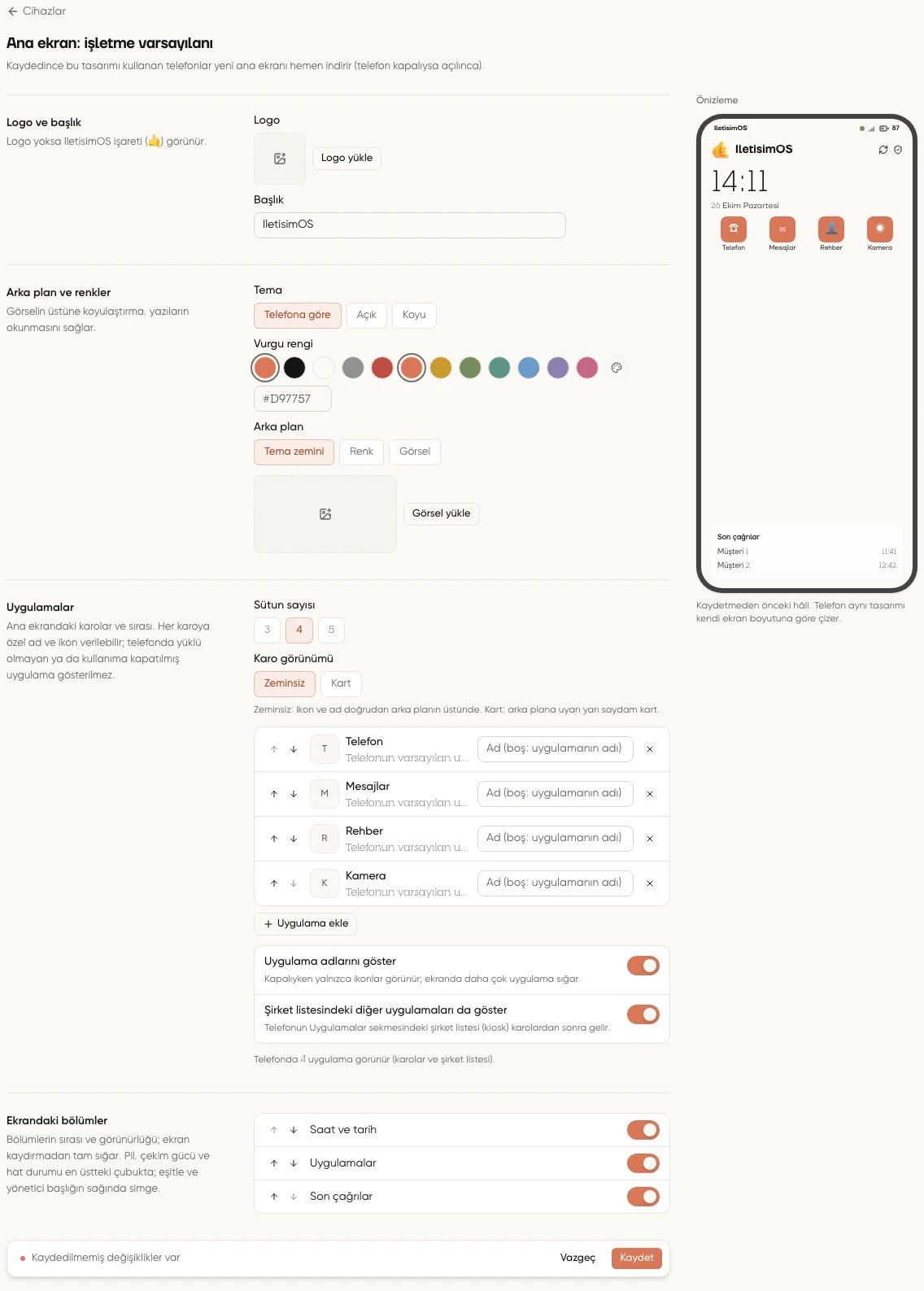 Ana ekran tasarımı düzenleyicisinde logo, renk, karo ve bölüm ayarları ile sağdaki telefon önizlemesi