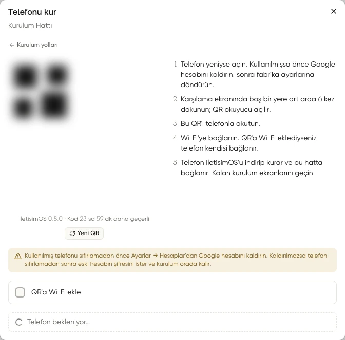 QR ile kurumsal kurulum penceresinde kurulum adımları ve QR’a Wi-Fi ekle seçeneği; QR kodu gizlenmiştir