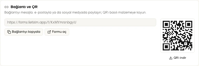 Formun Bağlantı ve QR kartında paylaşım bağlantısı ve QR kodu