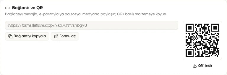 Formun Bağlantı ve QR kartında paylaşım bağlantısı ve QR kodu