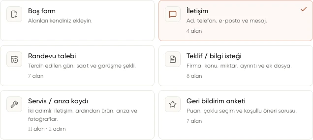 Yeni form galerisinde Boş form, İletişim, Randevu talebi, Teklif / bilgi isteği, Servis / arıza kaydı ve Geri bildirim anketi şablonları