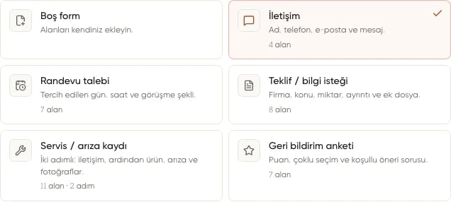 Yeni form galerisinde Boş form, İletişim, Randevu talebi, Teklif / bilgi isteği, Servis / arıza kaydı ve Geri bildirim anketi şablonları
