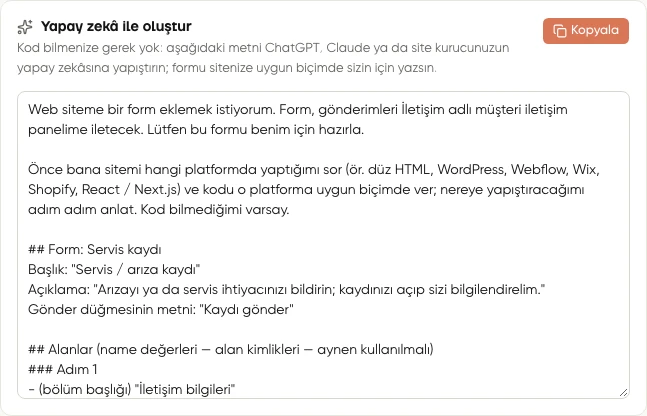 Paylaş sekmesindeki Yapay zekâ ile oluştur kartı ve kopyalanabilir hazır istem
