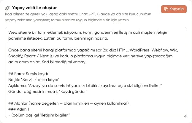 Paylaş sekmesindeki Yapay zekâ ile oluştur kartı ve kopyalanabilir hazır istem