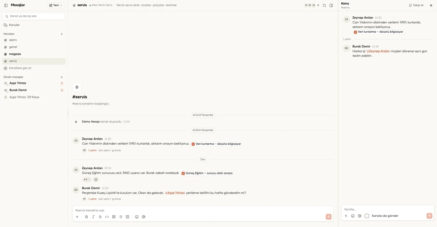 Genel kanalındaki mesaja bağlı konu ve ekip yanıtları
