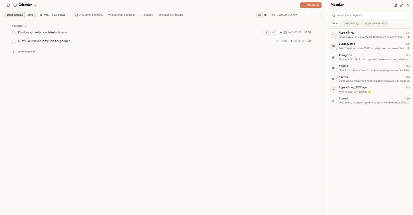 Görevler sayfasını daraltarak sağda açılan Mesajlar panelinin konuşma listesi