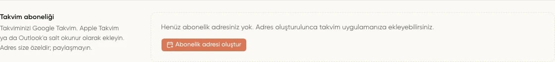 Profil ayarlarında Takvim aboneliği açıklaması ve Abonelik adresi oluştur düğmesi