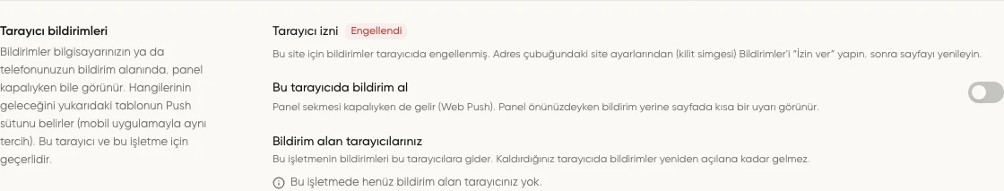 Bildirim ayarlarında Tarayıcı bildirimleri anahtarı, izin durumu ve tarayıcı listesi