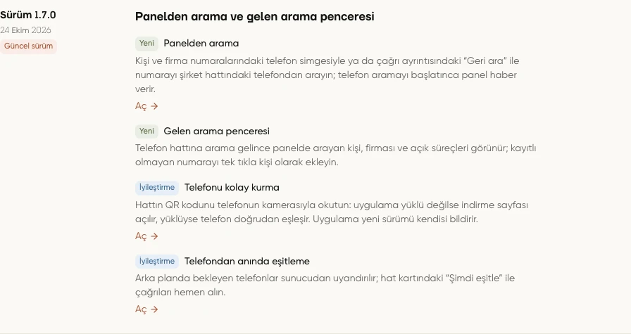 Yenilikler sayfasında Sürüm 1.7.0 notlarının tamamı