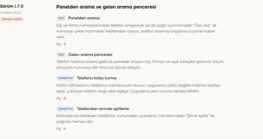 Yenilikler sayfasında Sürüm 1.7.0 notlarının tamamı