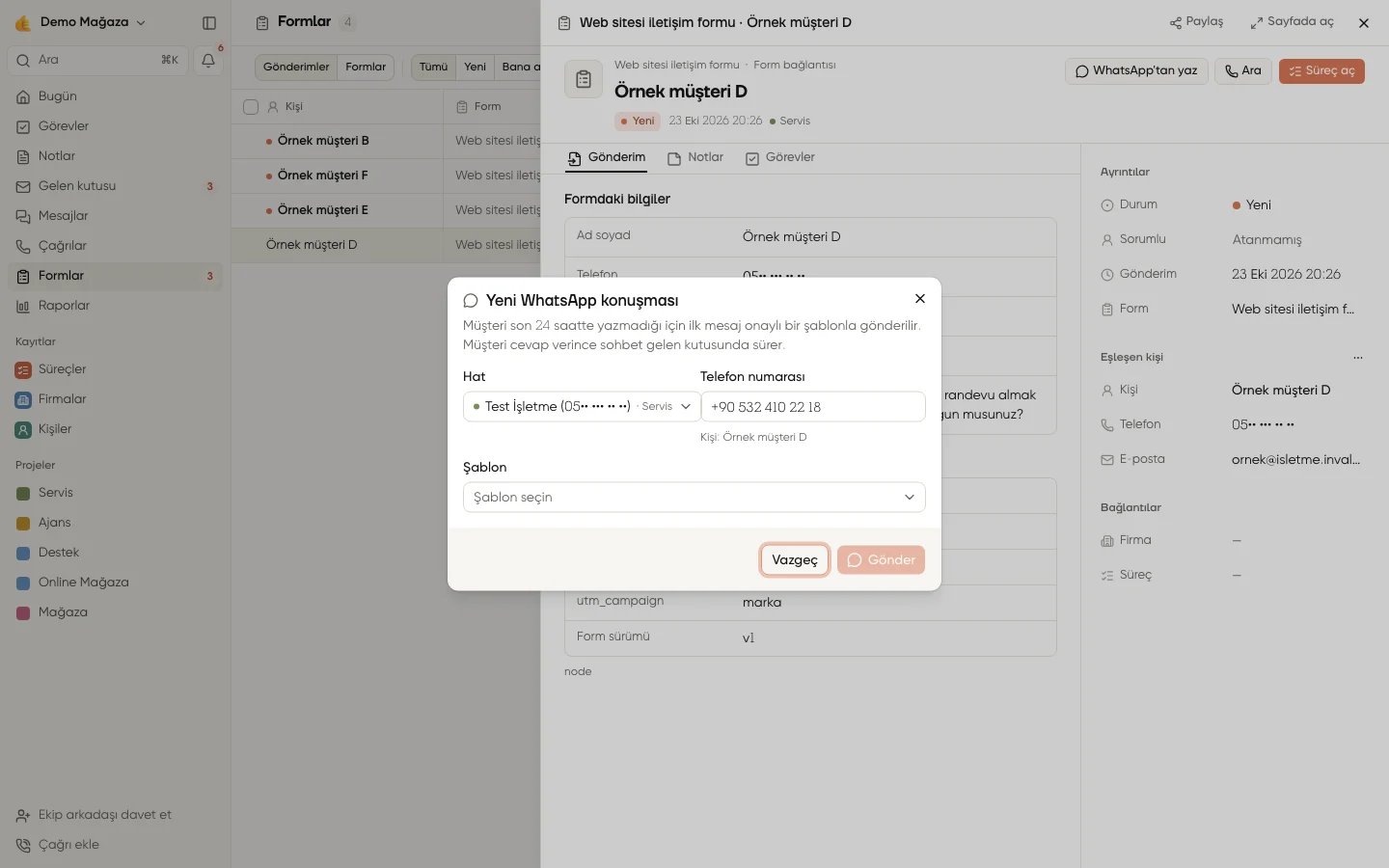 Form gönderiminden açılan Yeni WhatsApp konuşması penceresinde hat, telefon ve şablon seçimi