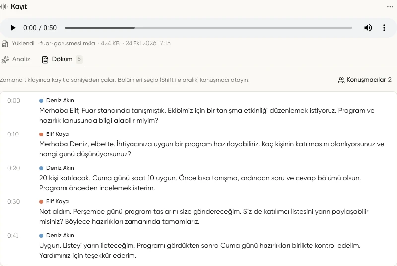 Döküm sekmesinde zaman damgaları ve elle atanmış konuşmacılar