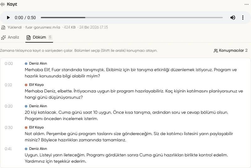 Döküm sekmesinde zaman damgaları ve elle atanmış konuşmacılar