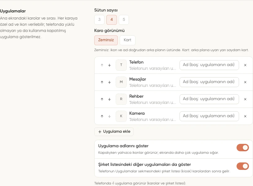 Uygulamalar bölümünde karo sırası, özel ad, sütun sayısı, Zeminsiz ve Kart seçenekleri