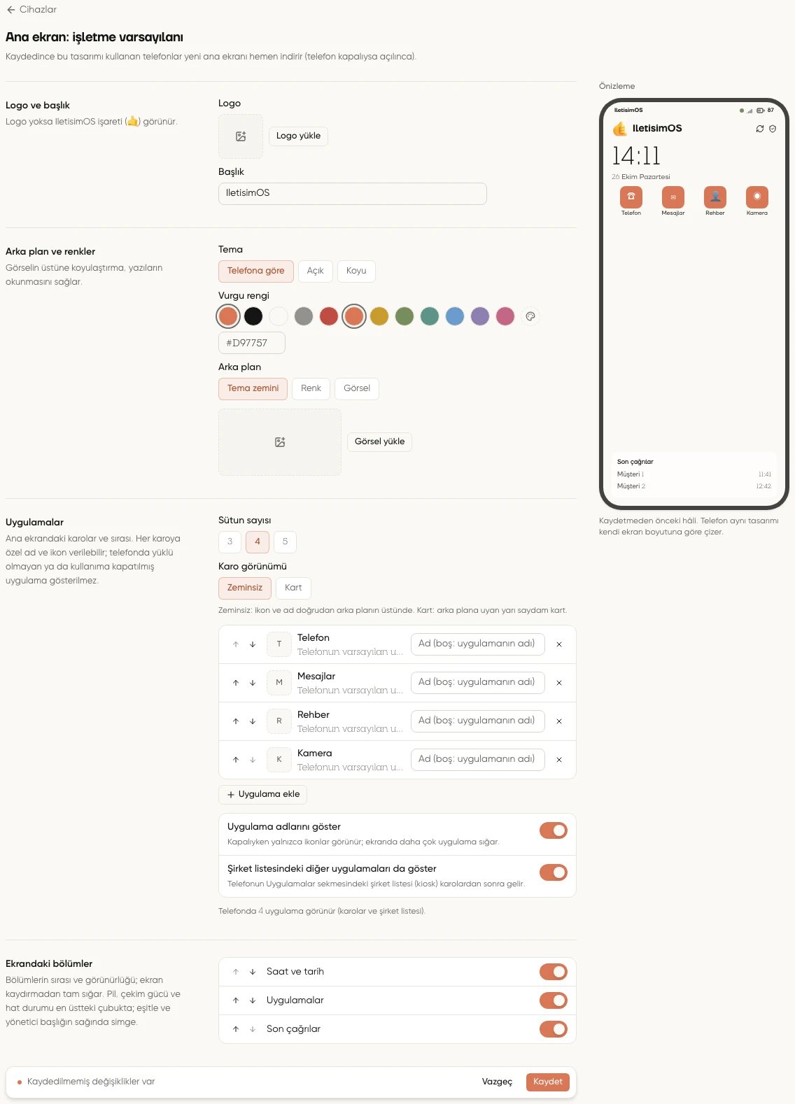 Ana ekran tasarımı düzenleyicisinde logo, renk, karo ve bölüm ayarları ile sağdaki telefon önizlemesi