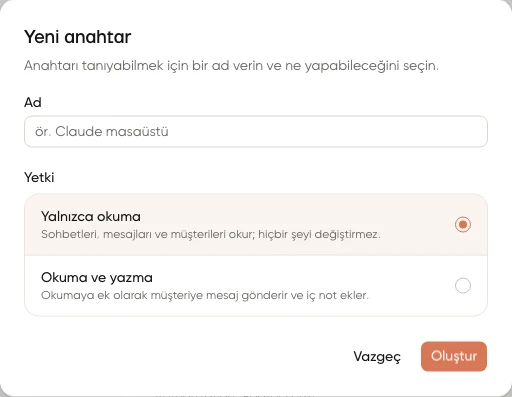 Yeni anahtar penceresinde ad ve yalnızca okuma ya da okuma ve yazma yetkisi seçenekleri