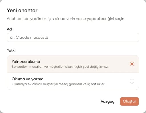 Yeni anahtar penceresinde ad ve yalnızca okuma ya da okuma ve yazma yetkisi seçenekleri