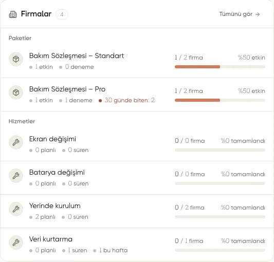 Proje özetinin Firmalar kartında paket ve hizmetlerin durum sayıları ile ilerleme çubukları