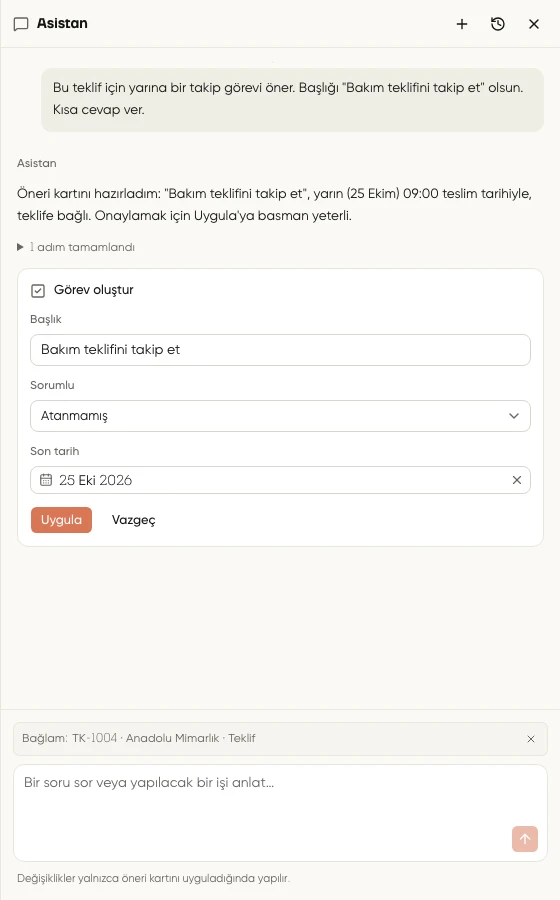 Görev oluştur kartında düzenlenebilir başlık, sorumlu, son tarih, Uygula ile Vazgeç düğmeleri ve teklif bağlam çipi