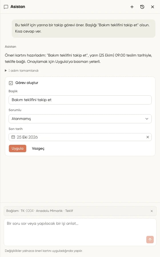 Görev oluştur kartında düzenlenebilir başlık, sorumlu, son tarih, Uygula ile Vazgeç düğmeleri ve teklif bağlam çipi