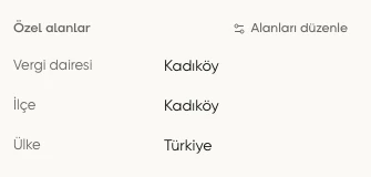 Firma kaydının Özel alanlar bölümünde Vergi dairesi, İlçe ve Ülke bilgileri