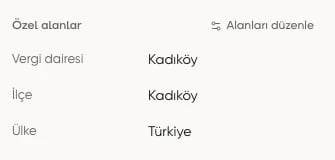 Firma kaydının Özel alanlar bölümünde Vergi dairesi, İlçe ve Ülke bilgileri